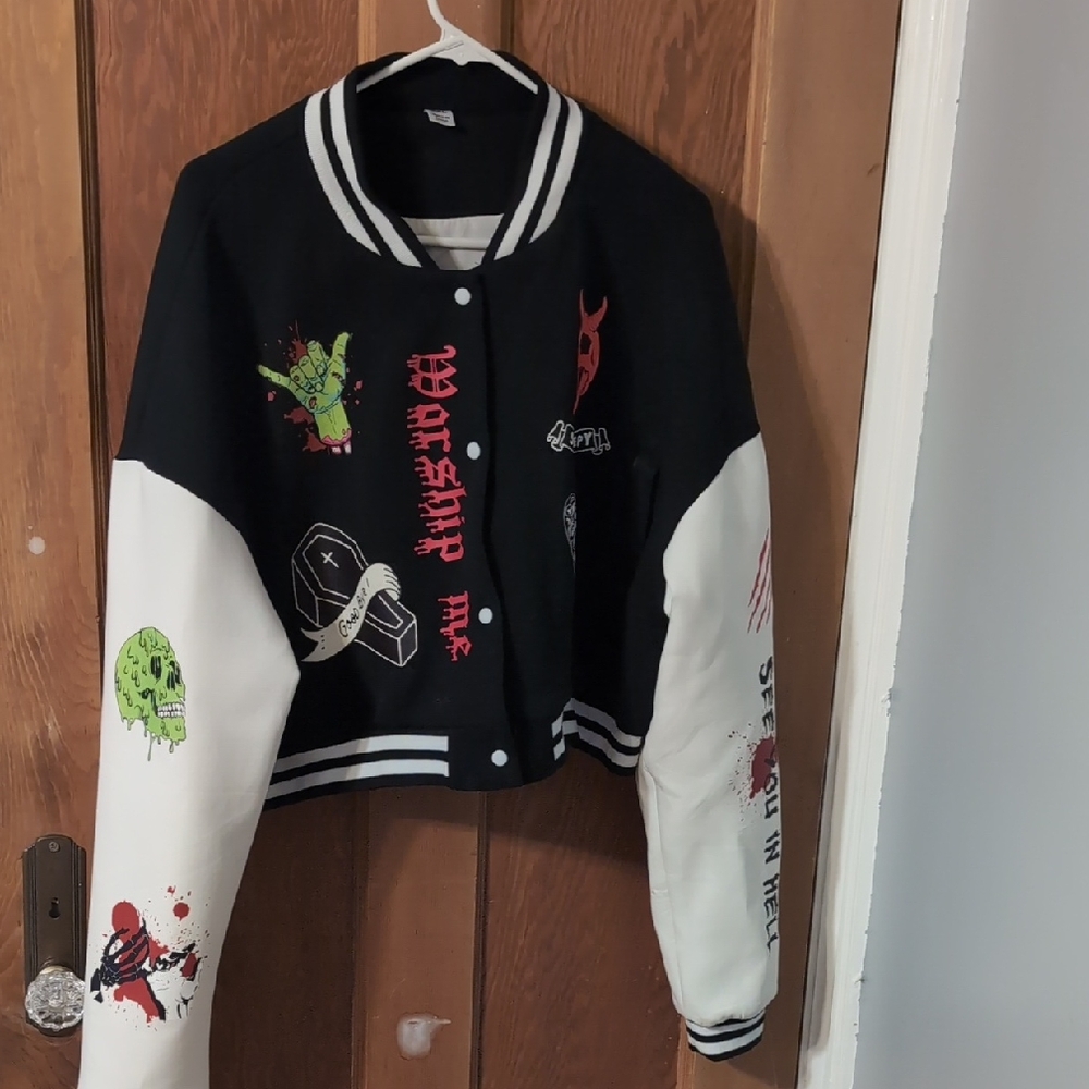 Black and White Graphic Varsity Jacket